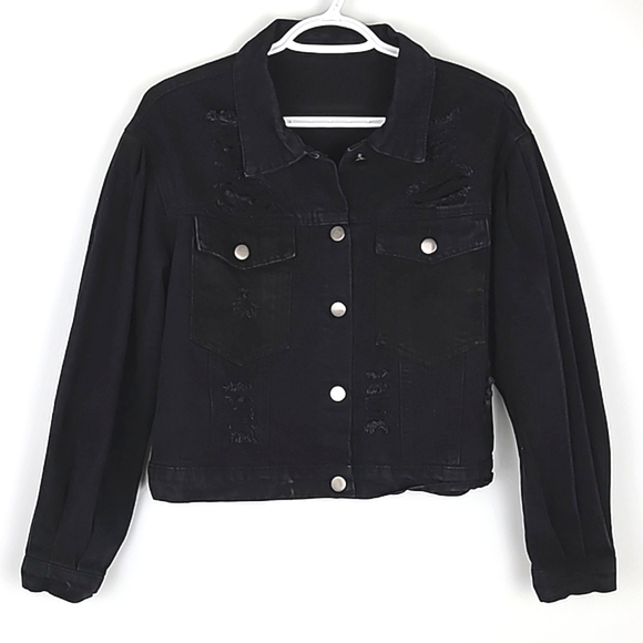 Shein Distressed Cropped  Black Denim Jean Jacket Puffy Sleeves Size XS - Picture 3 of 15